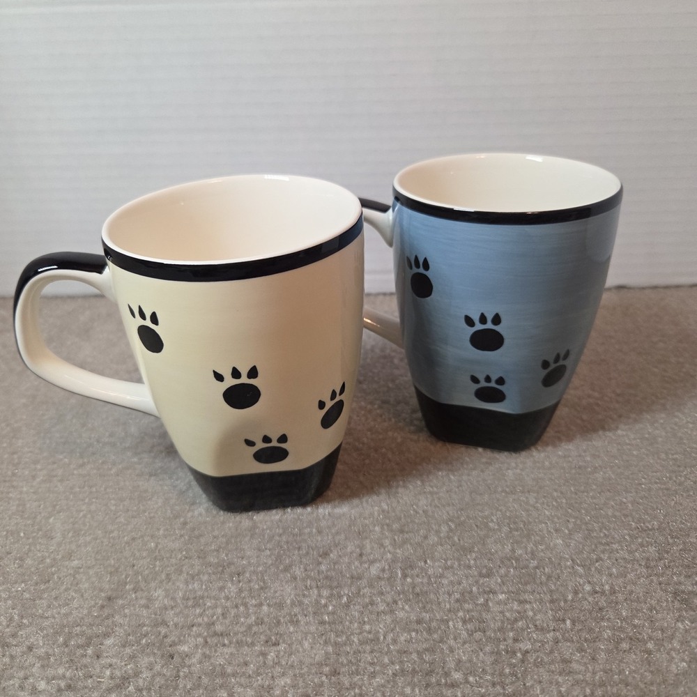 Hues N Brews Cat Coffee Mug Set of 2 Black Cat Paw Prints Blue Cream Ceramic - Picture 4 of 4